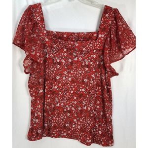 ALWAYS INDIGO Women XL Square Neckline Red floral stretch Sheer Short Sleeve-226